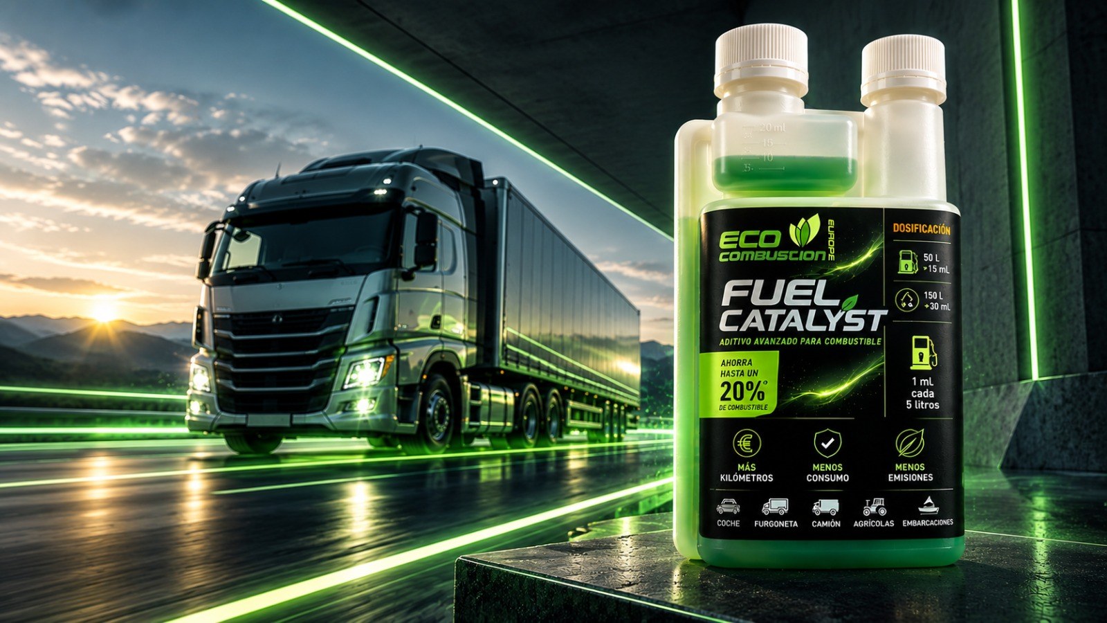 Fuel Catalyst de Eco Combustion Europe junto a un camión en carretera